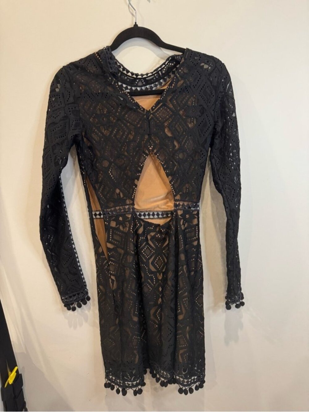 For Love & Lemons Black Lace Mini Dress XS Nude Illusion Long Sleeve 0813 - Picture 5 of 11